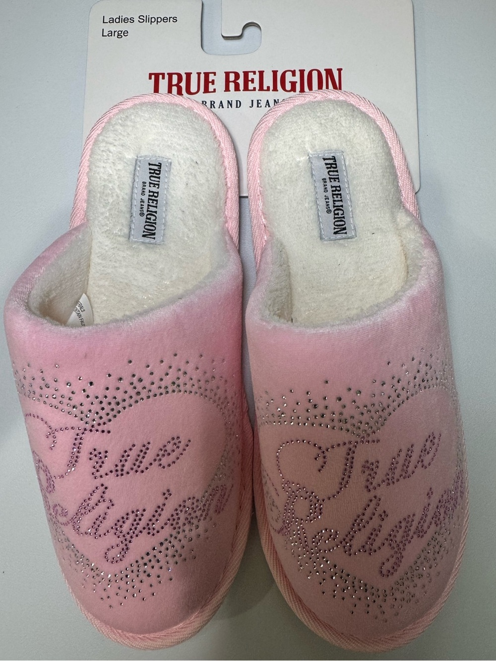True Religion Pink Rhinestone Logo Slippers - Large 8-9